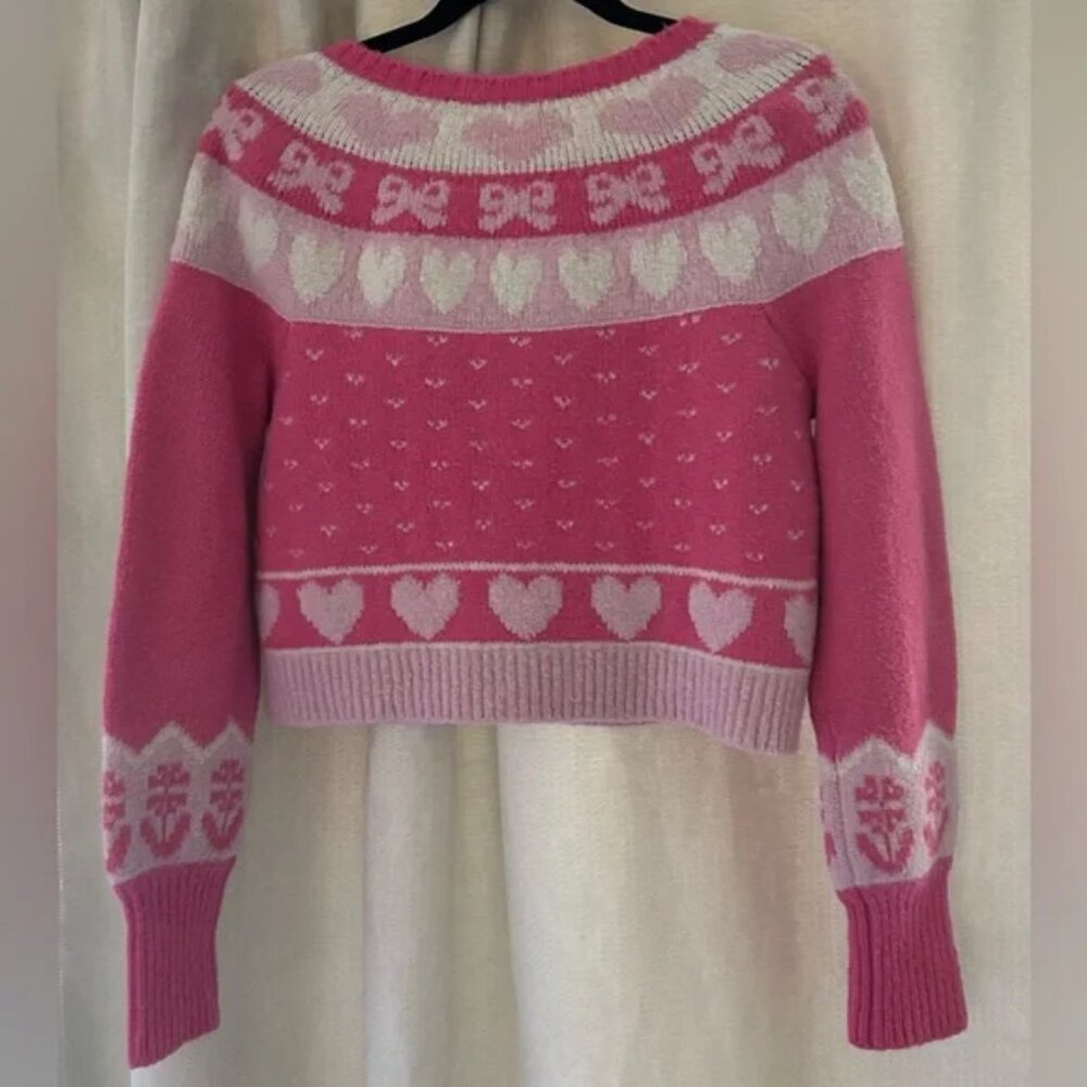 LoveShackFancy Dimples Crop Cardigan Dainty Cute Jacquared Pink Hearts Ribbons M - Picture 8 of 13